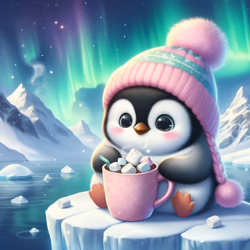 penguin in a pink hat