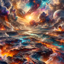 DALL·E 2024-01-31 00.27.27 - A primordial landscape representing the first day on Earth, with a tumultuous sky filled with volcanic ash and vibrant colors from intense geological 