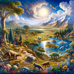 DALL·E 2024-01-31 00.30.27 - A depiction of the sixth day on Earth, showing the emergence of diverse and advanced life forms. The sky is bright and clear, signifying a stable atmo