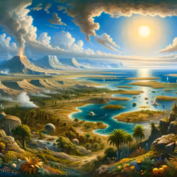 DALL·E 2024-01-31 00.30.02 - A depiction of the fourth day on Earth, illustrating significant advancements in the planet's development. The sky is clearer, with occasional clouds 