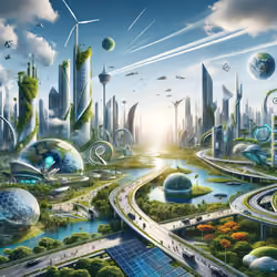 DALL·E 2024-01-31 00.30.51 - A futuristic interpretation of the 'eighth day' on Earth, envisioning an advanced, utopian world. Skyscrapers and eco-friendly architectures seamlessl