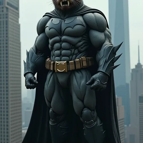 Beaver Batman stands on a skyscraper