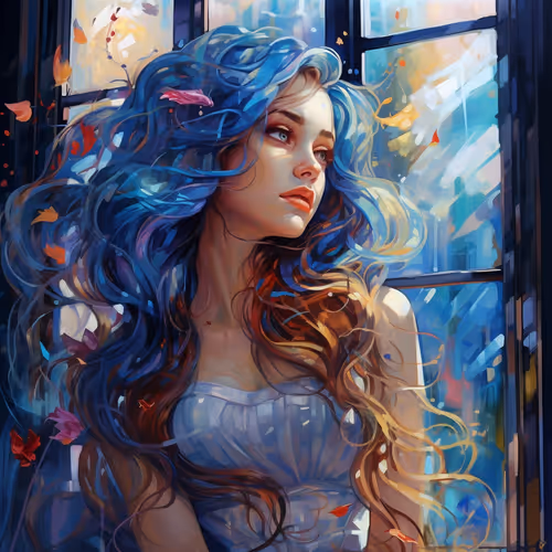 A woman with long hair looking out a window. 40