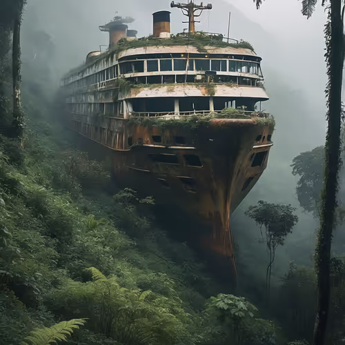 Old ship in the fog