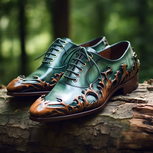 A pair of green and brown shoes. 12