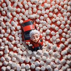 a boy with white hair on a red car on a marshmallow background