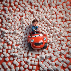 a boy on a red car on a marshmallow background