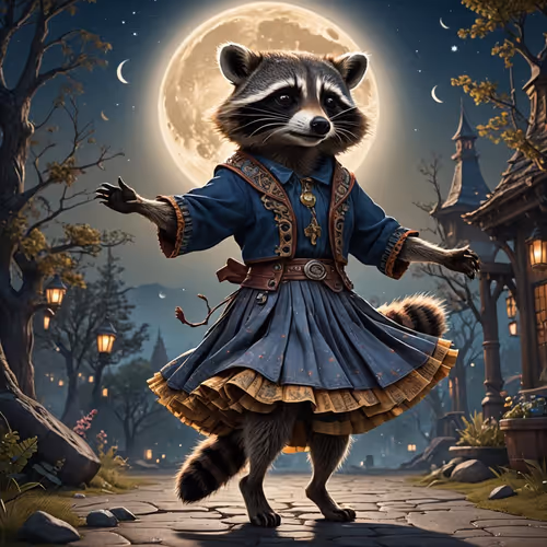 raccoon dancing in a skirt under the moon