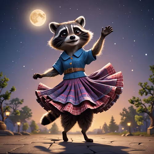 raccoon dancing in a skirt under the moon