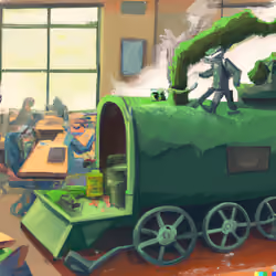 DALL·E 2024-04-20 12.48.46 - realistic art scene, a steam garbage train, 16_9 image, captures a university classroom with a professor who is a garbage can and the students are rac