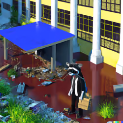 DALL·E 2024-04-20 12.49.00 - a 3D rendering, a student appears alone in front of a garbage university with a lot of garbage around him, on top of the university there green slime,