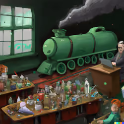 DALL·E 2024-04-20 12.48.20 - a steam garbage train, realistic art scene, a panoramic image captures a university classroom with a professor who is a garbage can and the students a