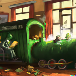 DALL·E 2024-04-20 12.48.29 - a steam garbage train, realistic art scene, a panoramic image captures a university classroom with a professor who is a garbage can and the students a