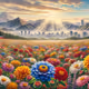 Chinese beauty - Field of Khari Bulbul Flowers with Beijing Cityscape