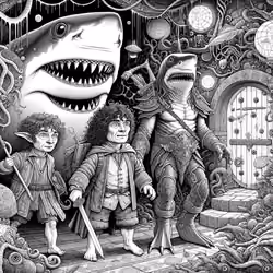 DALL·E 2023-11-25 12.30.55 - Create an extremely surreal and fantastical coloring page depicting hobbits in an otherworldly dungeon, now including shark men. The hobbits have exag