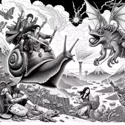 DALL·E 2023-11-25 12.39.43 - A black and white coloring page depicting a highly detailed and epic battle scene with five fantasy characters inspired by hobbits. The first characte