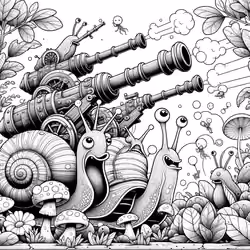DALL·E 2023-11-25 12.25.09 - A coloring page depicting an imaginative battle scene between snails with cannons attached to their shells and slugs. The snails have small, cartoonis
