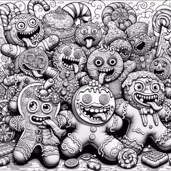DALL·E 2023-12-04 14.43.14 - A coloring page featuring a group of zany and outlandish gingerbread men. These gingerbread characters are in various wild and exaggerated poses, show