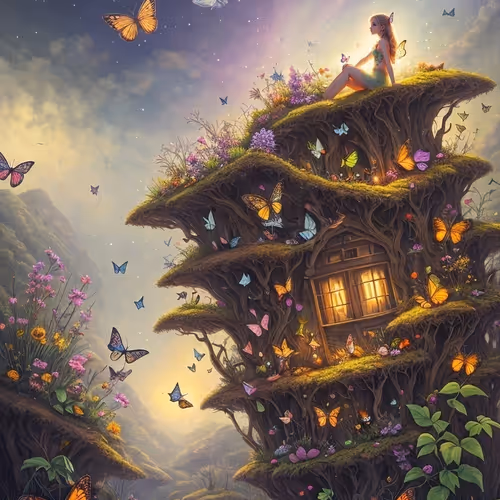 A girl sitting on a tree house surrounded by butterflies. 31
