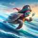 The turtle is flying on the waves