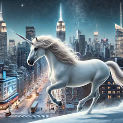 A_unicorn_galloping_through_New_York_City_on_a_frosty_night