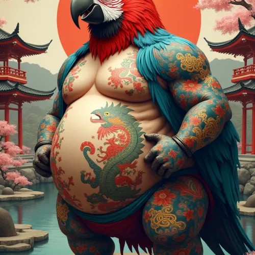 A tattooed sumo wrestler parrot