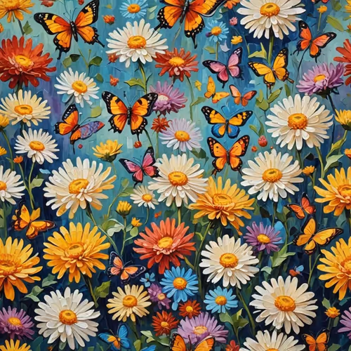 Chrysanthemum flowers and butterflies