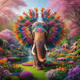 majestic elephant displaying its colorful feathers in a lush, springtime botanical garden