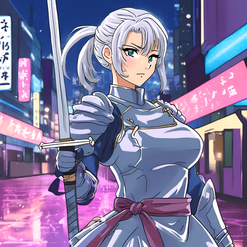 Silver-haired ponytailed female knight