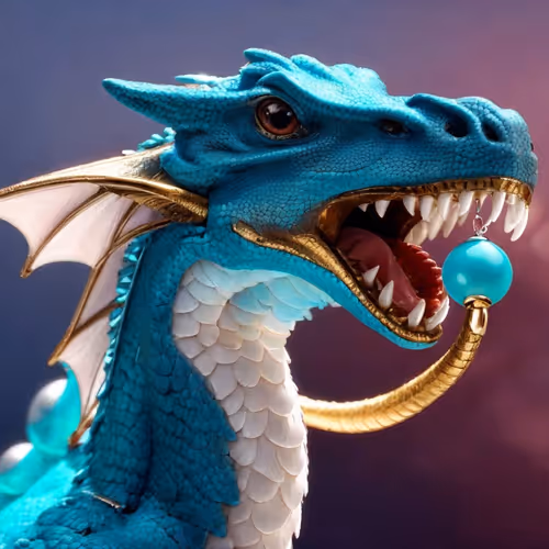 a dragon flying with a sky blue bead