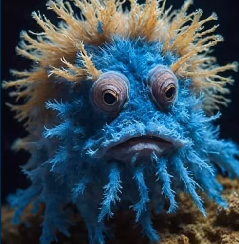 Blue hairy fish frog
