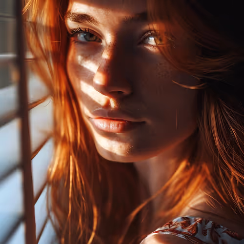 ai generated red hair ginger blinds window lighting portrait woman