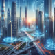 futuristic cityscape with towering skyscrapers and advanced technology