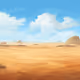 A desert landscape with rocks and blue sky.