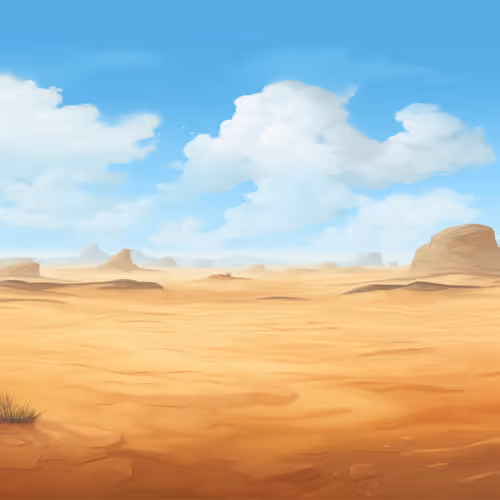A desert landscape with rocks and blue sky.