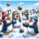 humorous cartoon of a group of penguins having a snowball fight