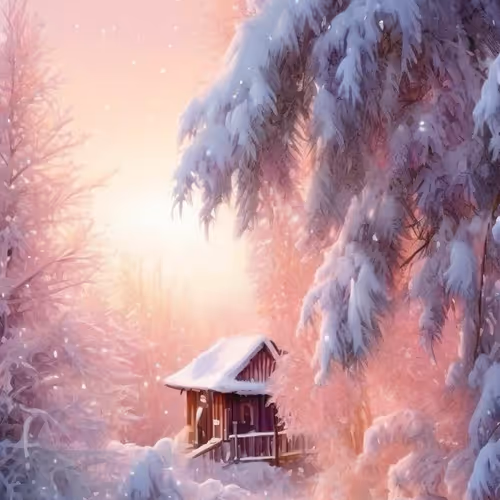 Snowy Cabin at Sunrise