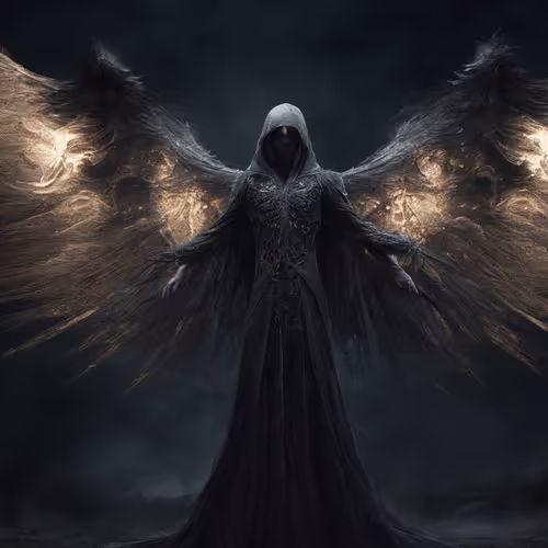 A person in a black robe with wings.