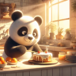a panda bear baking a cake