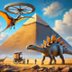 Pteranodon and Stegosaurus Near Pyramid