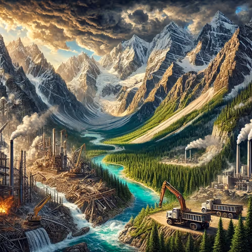 "Majestic Mountains vs. Technological Encroachment"