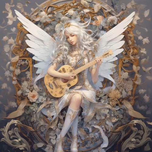 A woman with wings and a guitar.