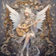 A woman with wings and a guitar.