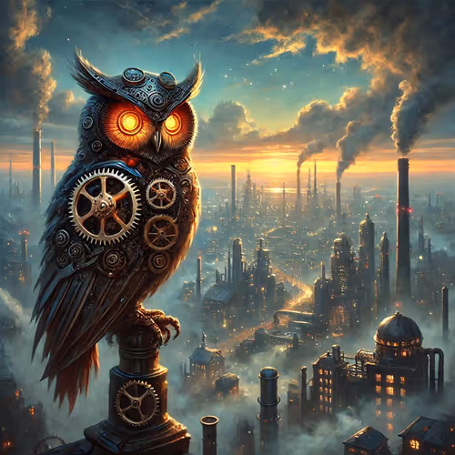 Steampunk Owl in the Technocity