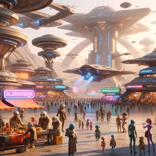 A bustling spaceport