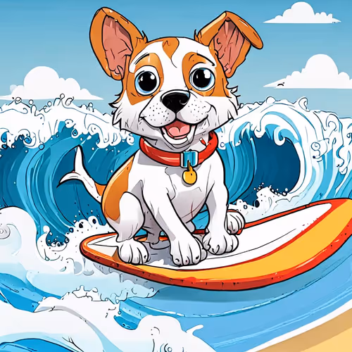 Cartoon dog is surfing