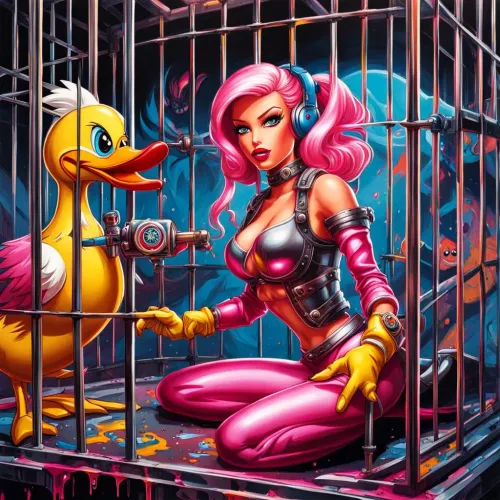 Cyborg Barbie and Duck in a Cage