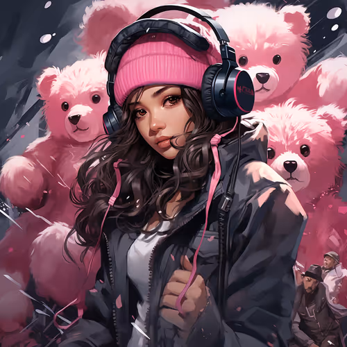 A woman wearing headphones and a pink hat.