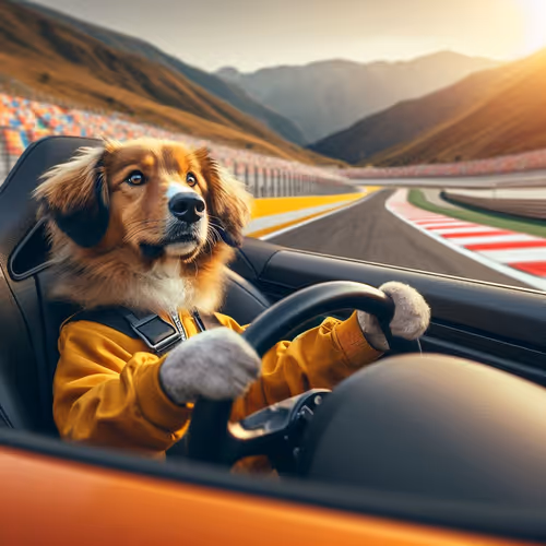 dog driving a sports car on a racetrack