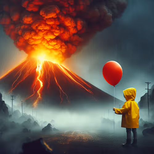 boy wearing a yellow rain coat holding a red ballon